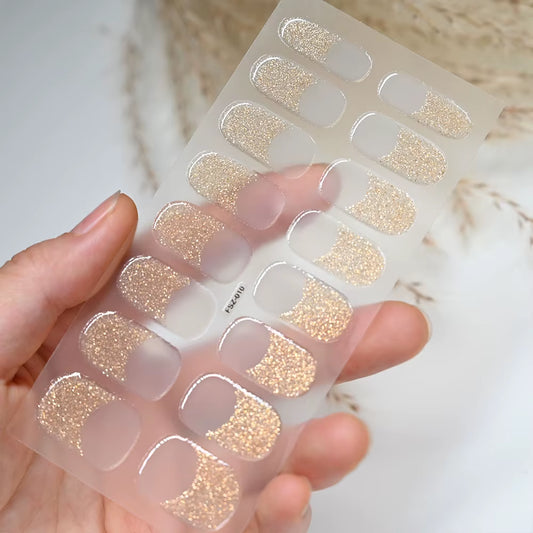16Tips UV Semi-Cured Gel Nail Wraps Stickers Full Cover French Glitter Long Lasting Adhesive Sliders Manicure Extension Strips