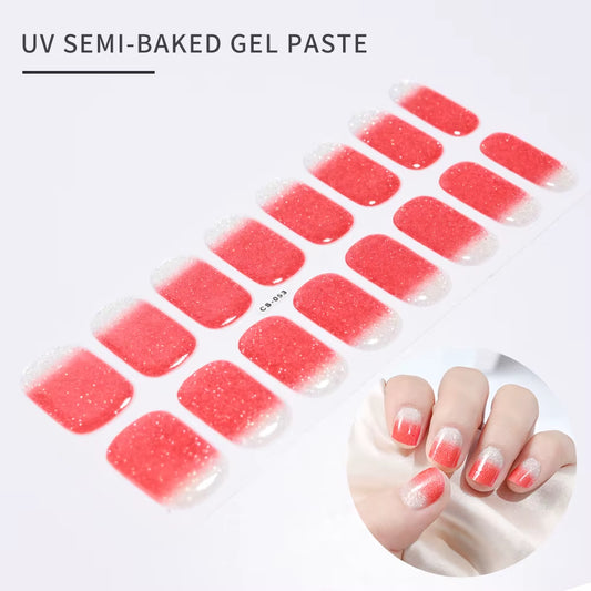 16Tips Hot Semi-Cured Gel Nail Stickers Black Color Nail Semi-Baked Paste Decals UV Lamp Full Nail for Women Sticker Nail Decor